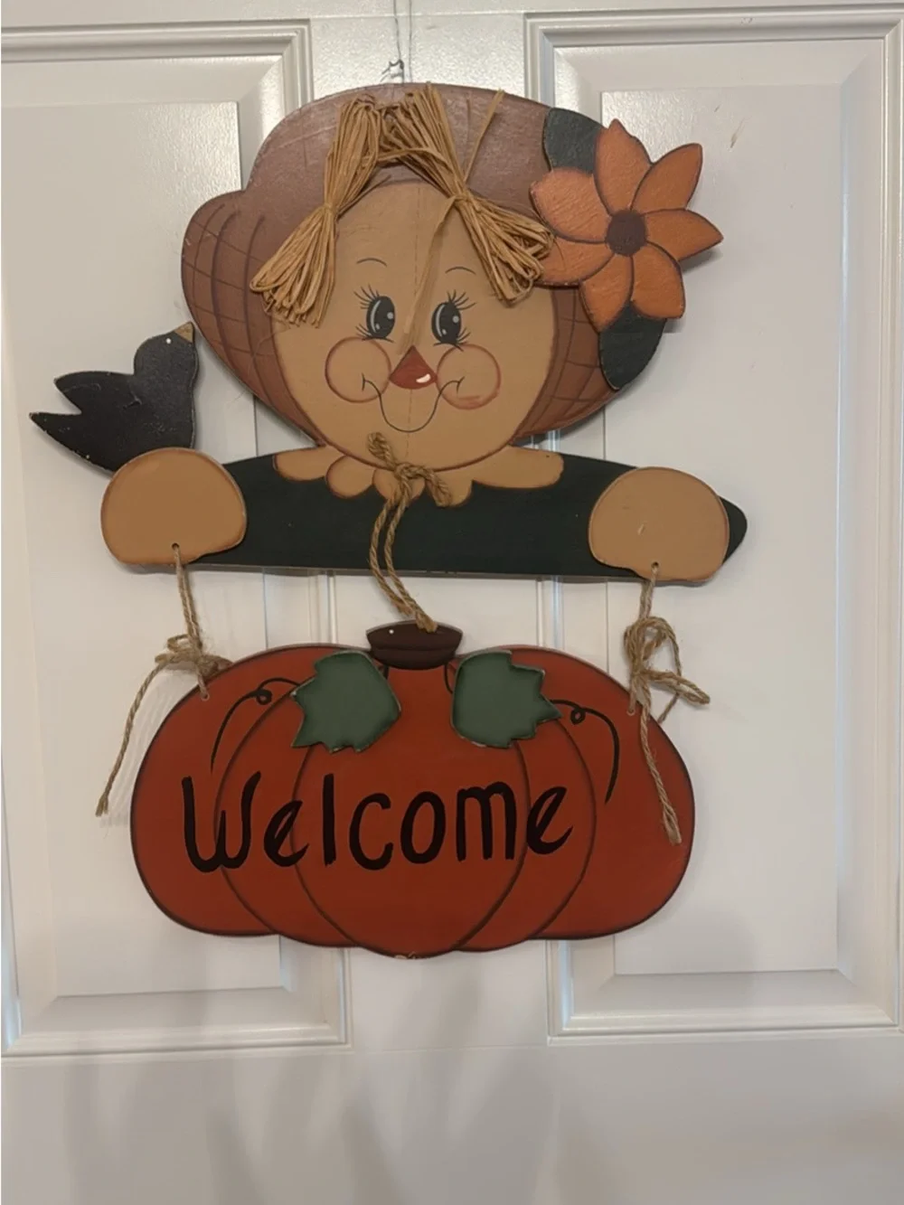 Welcome Pumpkin Scarecrow Wall Hanging - Orange & Green Home Decor